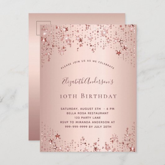 Birthday party roos gouden sterren sprinkle girale uitnodiging briefkaart (Voorkant / Achterkant)