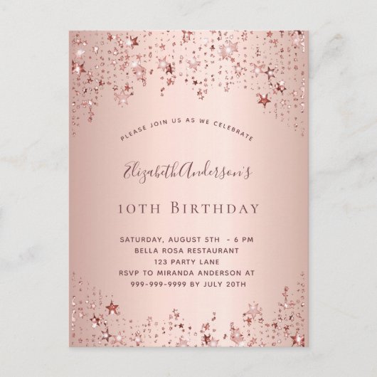 Birthday party roos gouden sterren sprinkle girale uitnodiging briefkaart (Voorkant)