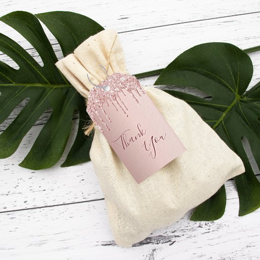 Birthday Party roos goudglitter drip bedankt Cadeaulabel