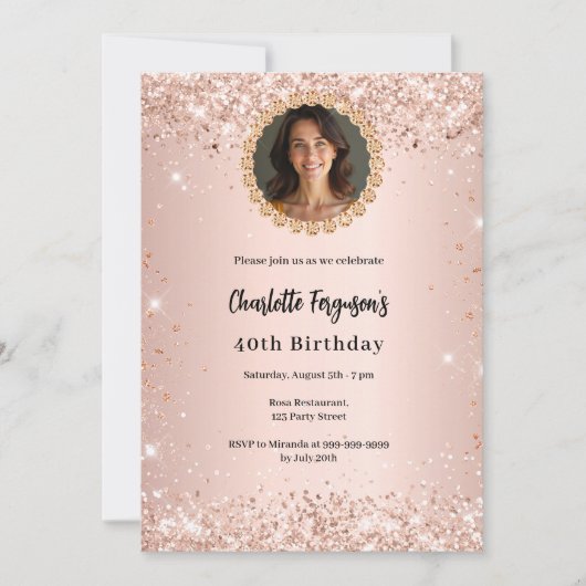 Birthday party rose gold diamond photo kaart (Voorkant)