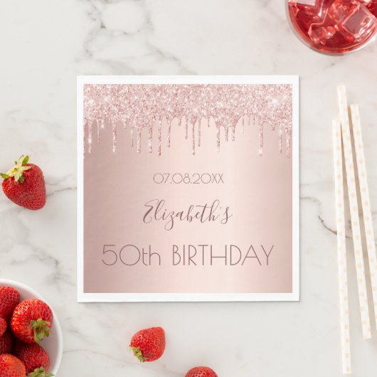Birthday party rose gold drips pink luncheon servet (Insitu)