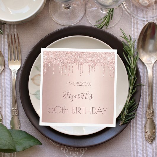 Birthday party rose gold drips pink luncheon servet