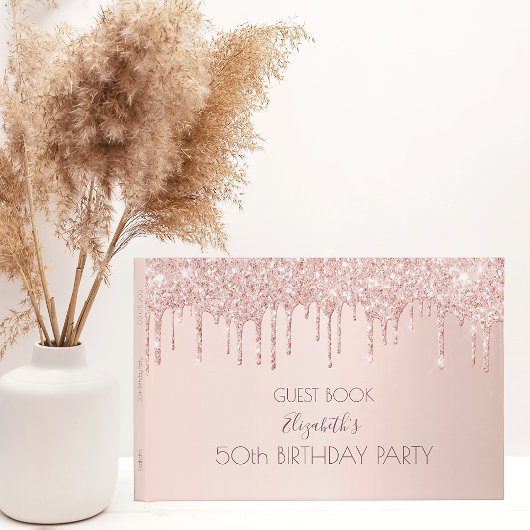 Birthday party rose gold glitter drips pink 50 gastenboek