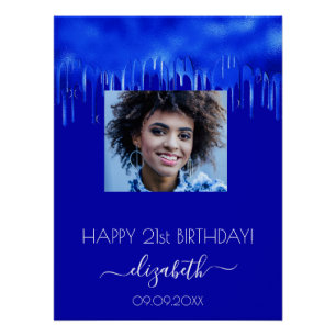 Birthday party royal blue druppelt foto naam perfect poster