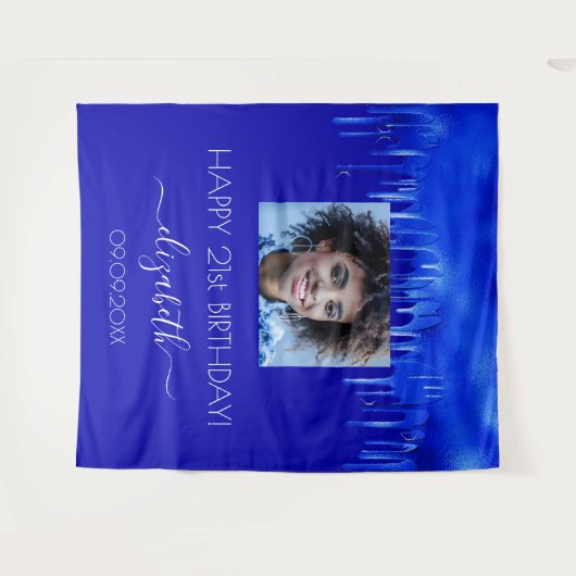 Birthday party royal blue druppelt foto naam wandkleed (Voorkant (horizontaal))