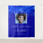 Birthday party royal blue druppelt foto naam wandkleed (Voorkant)