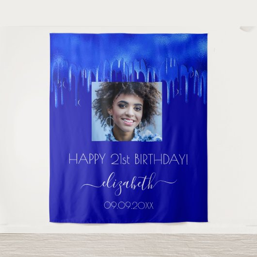 Birthday party royal blue druppelt foto naam wandkleed (Voorkant)