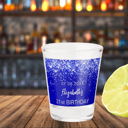 Birthday party royal blue glitter name shot glas