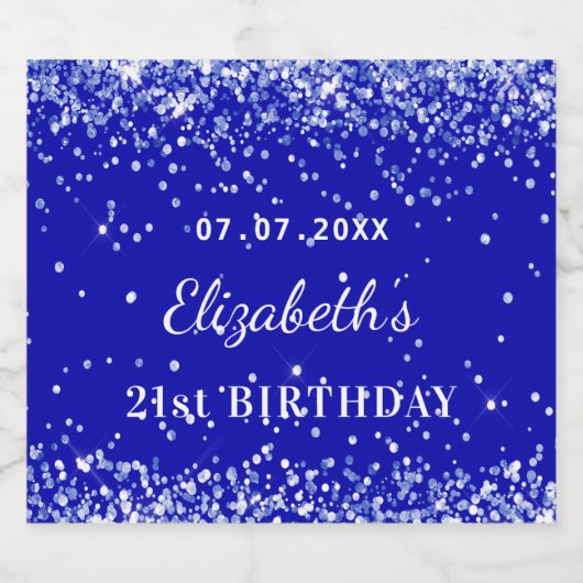 Birthday party royal blue glitter stofnaam sparkling wijnetiket (Enkel label)