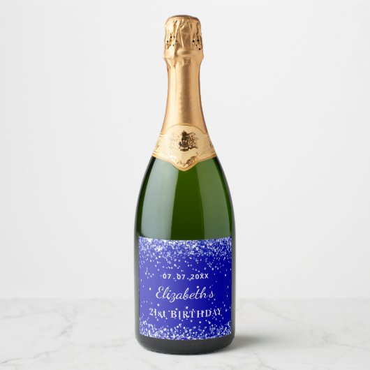Birthday party royal blue glitter stofnaam sparkling wijnetiket (Voorkant)