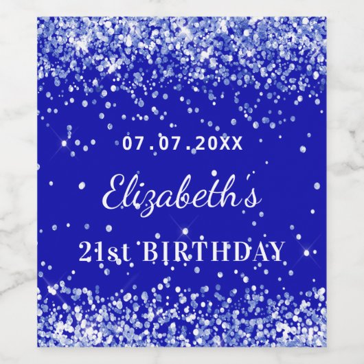 Birthday party royal blue glitter stofnaam wijn etiket (Enkel label)