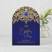 Birthday Party Royal Blue Gold Lace Diamonds Gems Kaart (Staand voorkant)