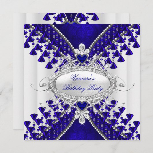 Birthday Party Royal Blue Heart Diamond Kaart (Voorkant / Achterkant)