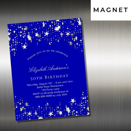 Birthday party royal blue stars luxe magnetische uitnodiging