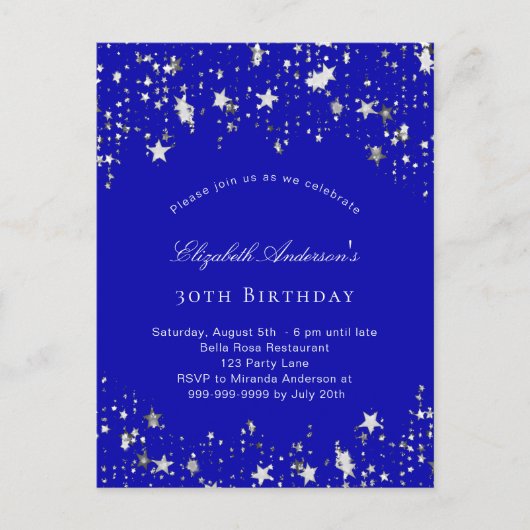 Birthday party royal blue stars uitnodiging briefkaart (Voorkant)
