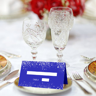 Birthday party royal blue zilveren glitter sparter plaatskaartje
