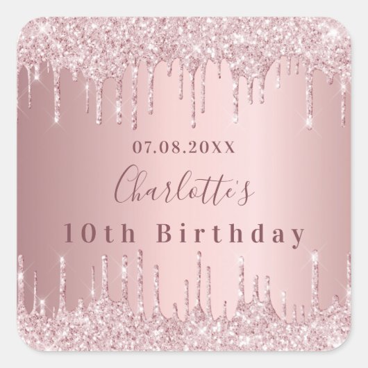 Birthday party roze dusty roos glitter drip luxe vierkante sticker (Voorkant)