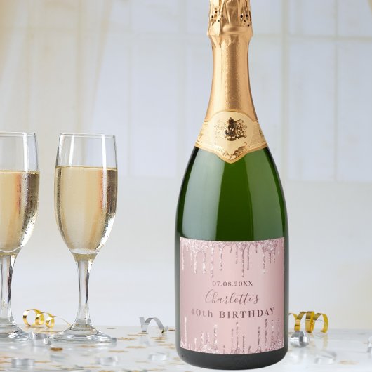 Birthday party roze dusty roos glitter monogram sparkling wijnetiket