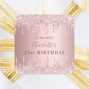Birthday party roze dusty roos glitter monogram vierkante sticker