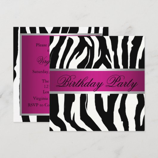 Birthday Party (roze en zwarte Zebra) Kaart (Voorkant / Achterkant)