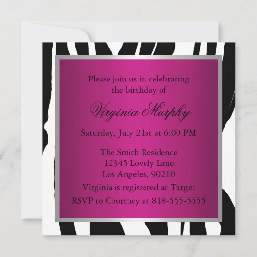 Birthday Party (roze en zwarte Zebra) Kaart (Achterkant)