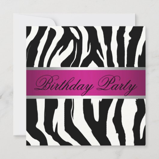 Birthday Party (roze en zwarte Zebra) Kaart (Voorkant)