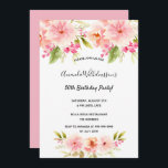 Birthday party roze florals pastel kaart<br><div class="desc">Een elegante uitnodigingskaart voor een 50e of om het even welke leeftijdsverjaardagspartij. Met hedendaagse roze,  perzik en koraalkleurige waterkleurige dahlia als decoratie. Een girale roze achtergrond achteraan. De naam wordt geschreven met zwart hand geschreven stijlmanuscript.</div>