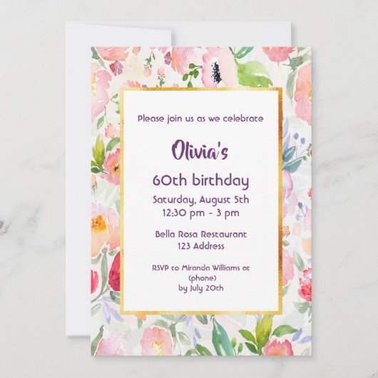 Birthday party roze florals white kaart (Voorkant)