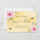 Birthday party roze florals yellow honeycomb bijen save the date (Voorkant)
