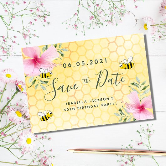 Birthday party roze florals yellow honeycomb bijen save the date