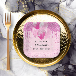 Birthday party roze glitter ballon meisje papieren bordje