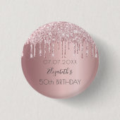 Birthday party roze glitter druppelt naam op ronde button 3,2 cm (Voorkant)