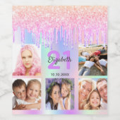 Birthday party roze paarse glitter druppelt foto wijn etiket (Enkel label)