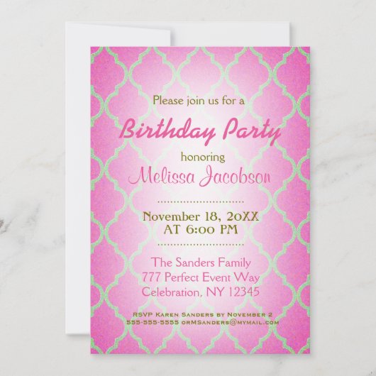 Birthday Party | Roze Quatrefoil Kaart (Voorkant)