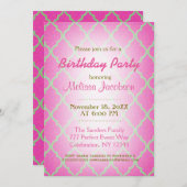 Birthday Party | Roze Quatrefoil Kaart (Voorkant / Achterkant)