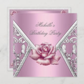 Birthday Party roze Rose Damask Silver Afbeelding Kaart (Voorkant / Achterkant)