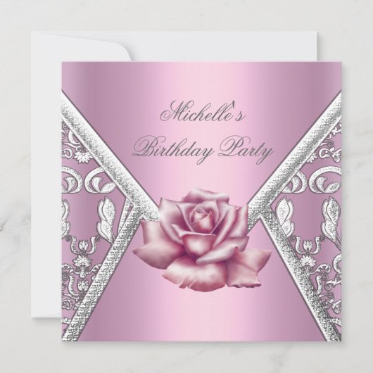 Birthday Party roze Rose Damask Silver Afbeelding Kaart (Voorkant)