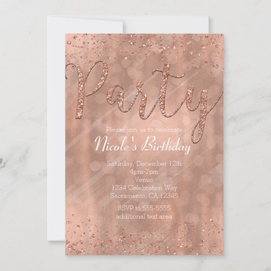 Birthday Party roze Rose Gold Glamour Invitations Kaart (Voorkant)