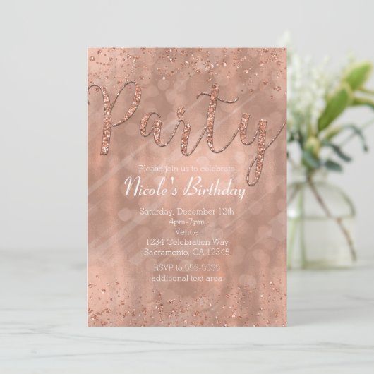 Birthday Party roze Rose Gold Glamour Invitations Kaart (Staand voorkant)