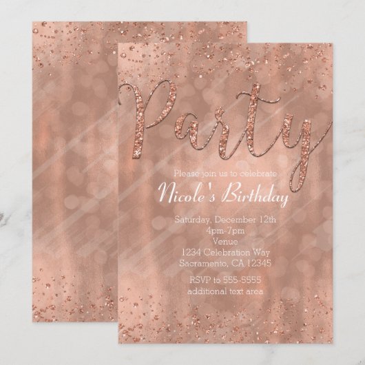 Birthday Party roze Rose Gold Glamour Invitations Kaart (Voorkant / Achterkant)