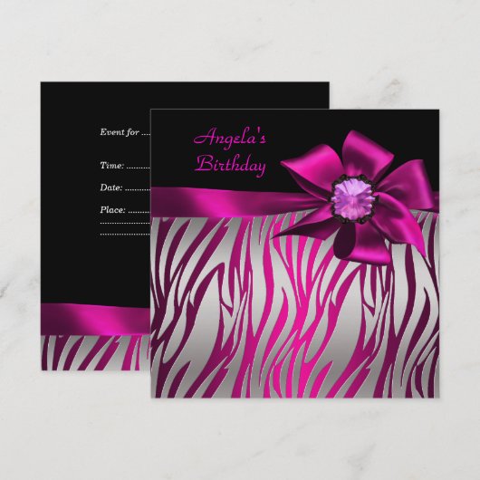 Birthday Party roze roze roze roze Zebra Silver Kaart (Voorkant / Achterkant)