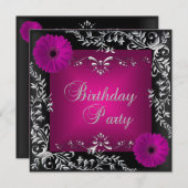 Birthday Party roze Silver Floral Black Kaart (Voorkant / Achterkant)