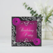 Birthday Party roze Silver Floral Black Kaart (Staand voorkant)