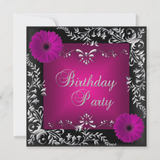 Birthday Party roze Silver Floral Black Kaart