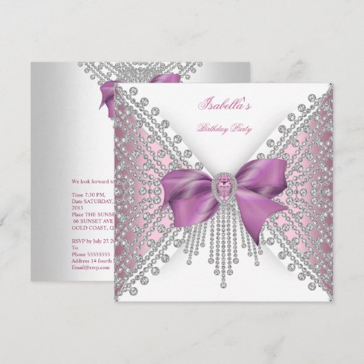 Birthday Party roze Silver White Diamond Bow 2 Kaart (Voorkant / Achterkant)
