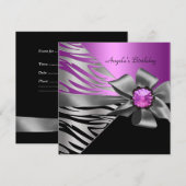 Birthday Party roze Silver Zebra Black Grey Bow Kaart (Voorkant / Achterkant)