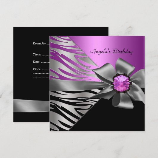Birthday Party roze Silver Zebra Black Grey Bow Kaart (Voorkant / Achterkant)