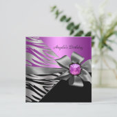Birthday Party roze Silver Zebra Black Grey Bow Kaart (Staand voorkant)