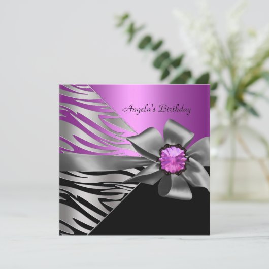 Birthday Party roze Silver Zebra Black Grey Bow Kaart (Staand voorkant)