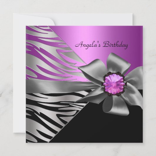 Birthday Party roze Silver Zebra Black Grey Bow Kaart (Voorkant)